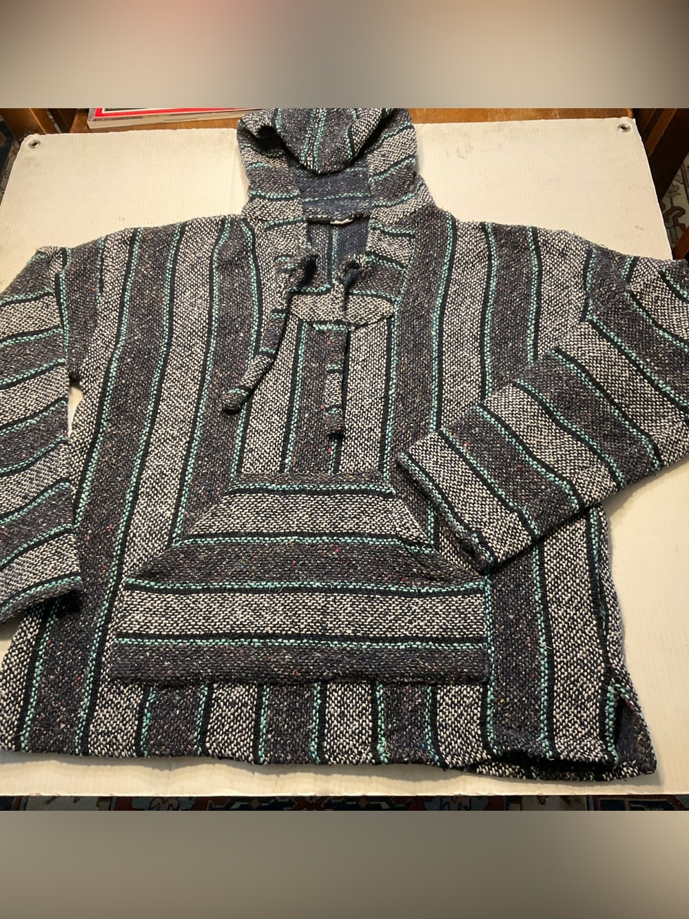 Baja Hoodie Drug Rug Gray Blue Teal Striped Hippie Beach Made Mexico Men Sz XL